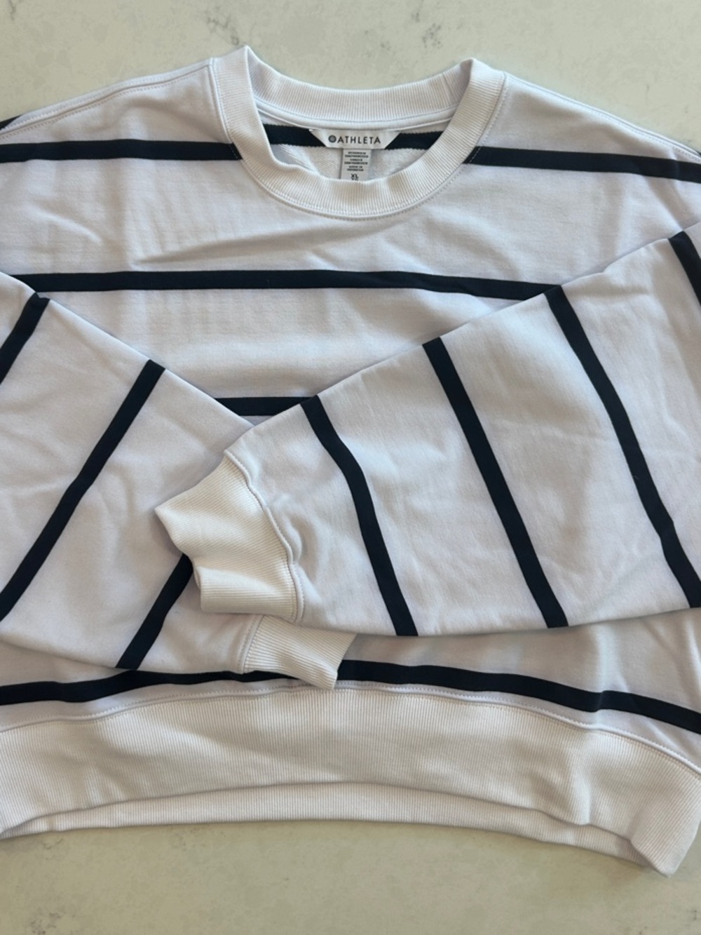 Athleta White heavyweight terry Crewneck Sweater with Navy Stripes
